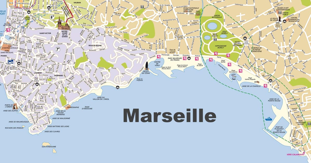 Marselio paplūdimiai žemėlapyje